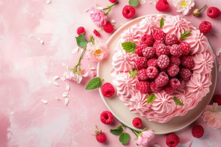 raspberry cake with raspberries, in the style of light pink.の素材