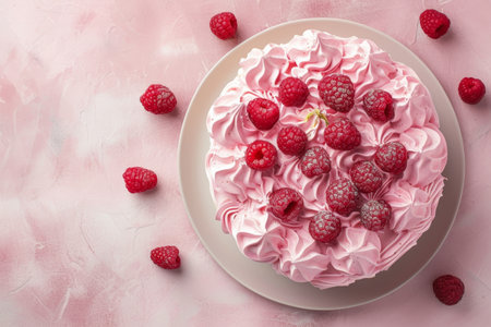 raspberry cake with raspberries, in the style of light pink.の素材