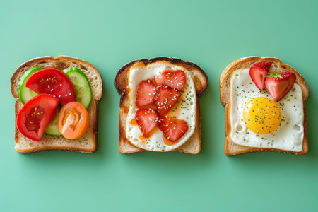 post workout colorful toast snacks flatlay breakfast,healthy eatingの素材