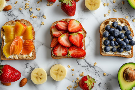 post workout colorful toast snacks flatlay breakfast,healthy eatingの素材