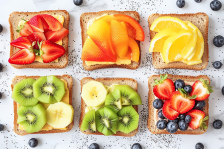 post workout colorful toast snacks flatlay breakfast,healthy eatingの素材