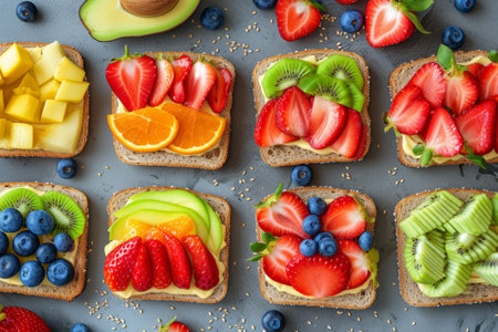 post workout colorful toast snacks flatlay breakfast,healthy eatingの素材