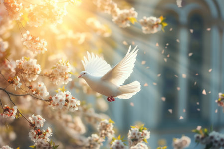 a white dove is flying in the sky in light sun rays.の素材