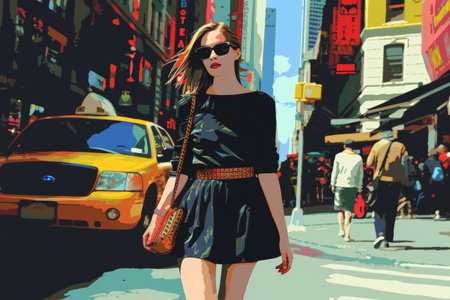 a girl is walking down the street in the style of fashion illustration, new york cityscape, classic glamor, spring.の素材