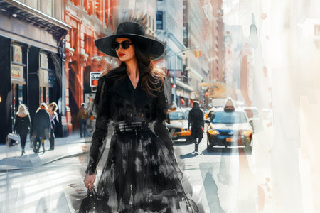 a girl is walking down the street in the style of fashion illustration, new york cityscape, classic glamor, spring.の素材