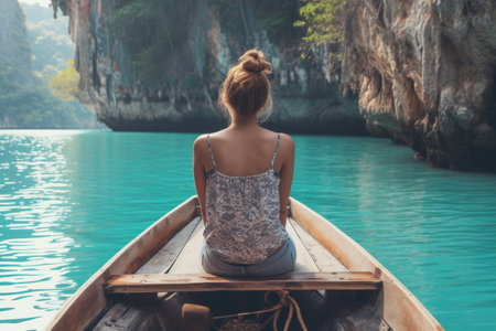 a young lady sitting on a boat on the clear blue water in tai on vacations.の素材
