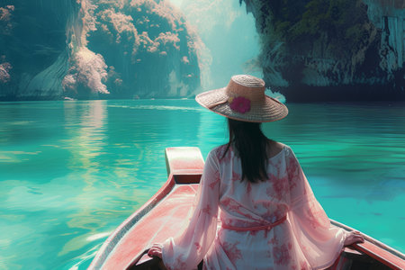 a young lady sitting on a boat on the clear blue water in tai on vacations.の素材