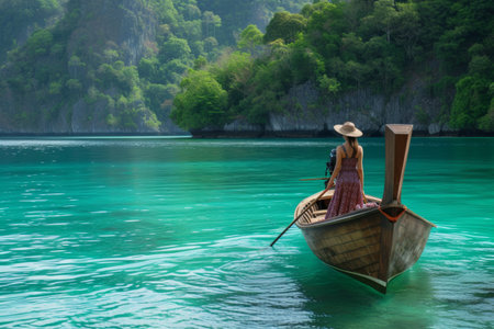 a young lady sitting on a boat on the clear blue water in tai on vacations.の素材