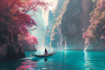 a young lady sitting on a boat on the clear blue water in tai on vacations.の素材