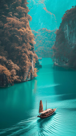 a young lady sitting on a boat on the clear blue water in tai on vacations.の素材