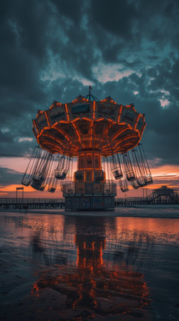 an amusement park with rides on a beach, in the style of punk rock aesthetic.の素材