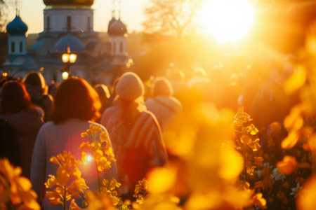 kyiv, ukrainians celebrate orthodox easter near church in may, lens flare, yellow and golden.の素材