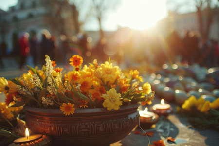 kyiv, ukrainians celebrate orthodox easter near church in may, lens flare, yellow and golden.の素材