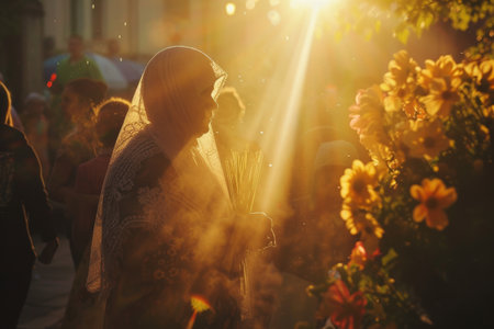 kyiv, ukrainians celebrate orthodox easter near church in may, lens flare, yellow and golden.の素材