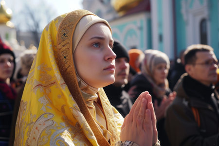kyiv, ukrainians celebrate orthodox easter near church in may, lens flare, yellow and golden.の素材