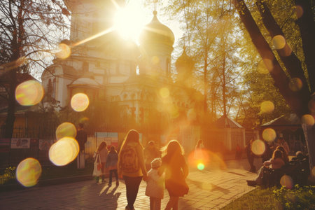 kyiv, ukrainians celebrate orthodox easter near church in may, lens flare, yellow and golden.の素材