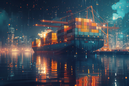 a container ship loading with containers at nightの素材