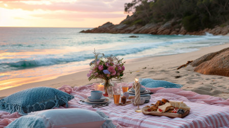 sea picnic experience, set up an outside table at sunset on the beach, in the style of pink and cyan, romantic seascapes.の素材