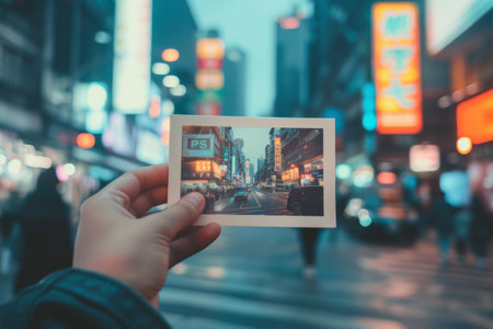 close up of hands holding photo with picture of city on city background, travel concept.の素材