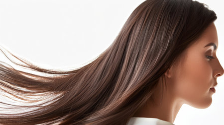 woman with beautiful long hair on white background.の素材