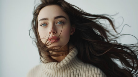 woman with beautiful long hair on white background.の素材