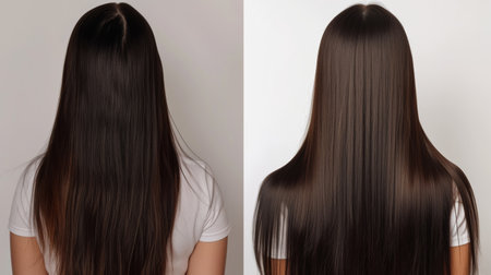 woman with beautiful long hair on white background,before and ater.の素材