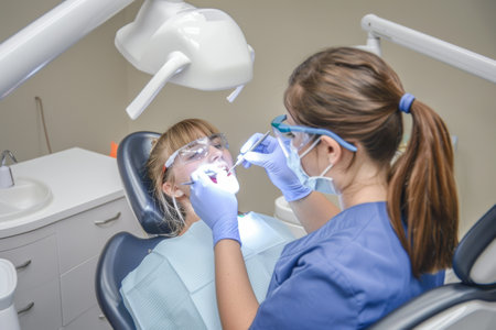 woman sitting in dental chair,dentist appointment in clinic.の素材