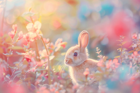 cute funny rabbit on blurred background, pastel colors, easter.の素材