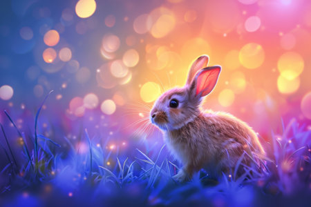 cute funny rabbit on blurred background, pastel colors, easter.の素材