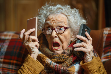 surprised aged woman with telephone.の素材