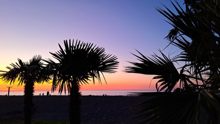 the sun dips below the horizon casting a warm golden glow across tranquil seaの写真素材