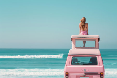 Atop a camping car overlooking the sea, a woman enjoys the breathtaking view.の素材