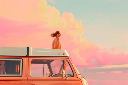 Atop a camping car overlooking the sea, a woman enjoys the breathtaking view. The serene setting offers a perfect getaway by the coast.Ñの素材