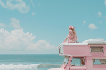 Atop a camping car overlooking the sea, a woman enjoys the breathtaking view.の素材