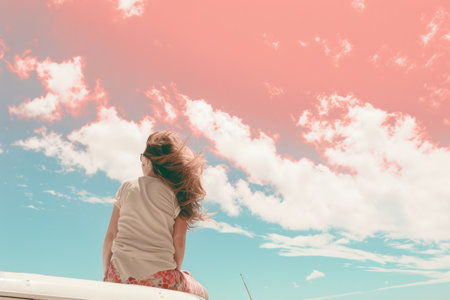 Atop a camping car overlooking the sea, a woman enjoys the breathtaking view.の素材