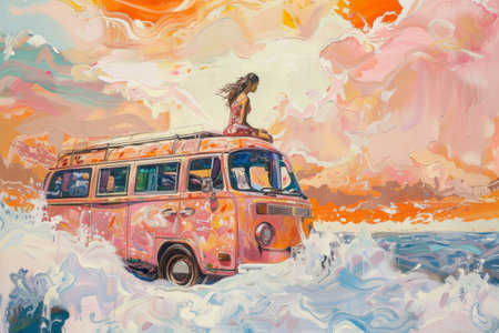 Atop a camping car overlooking the sea, a woman enjoys the breathtaking view.の素材