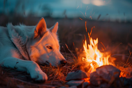 a content dog lies beside a crackling campfire near a travel van, creating a cozy scene of relaxation and companionship.の素材