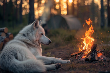 a content dog lies beside a crackling campfire near a travel van, creating a cozy scene of relaxation and companionship.の素材