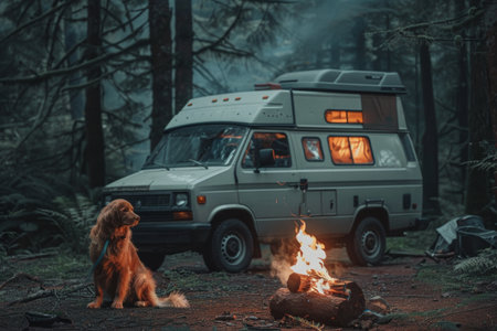 a content dog lies beside a crackling campfire near a travel van, creating a cozy scene of relaxation and companionship.の素材