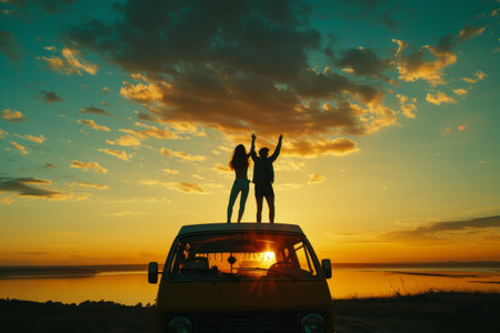 couple up dancing on a camper van at sunset, in the style of pop inspo,road travel.の素材