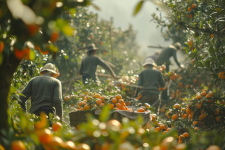 workers gathering mandarine trees harvest in the garden .の素材