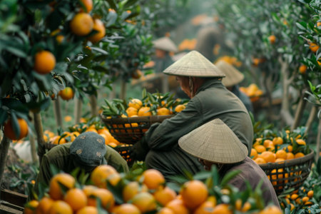 workers gathering mandarine trees harvest in the garden .の素材