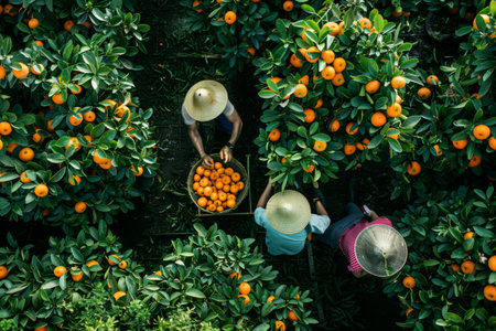 workers gathering mandarine trees harvest in the garden .の素材