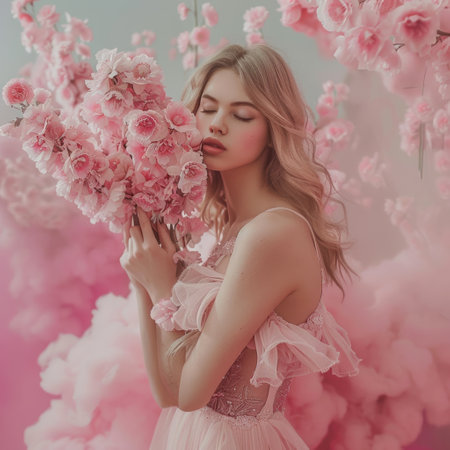 a woman holding pink flowers in hand in spring ,8th march.の素材