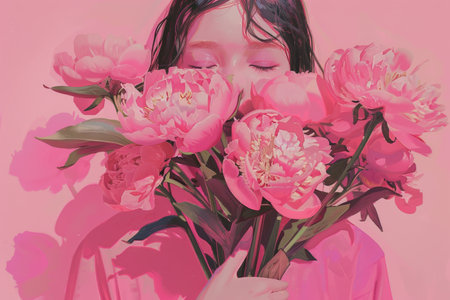 a woman holding pink flowers in hand in spring ,8th march.の素材
