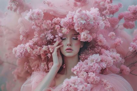 a woman holding pink flowers in hand in spring ,8th march.の素材