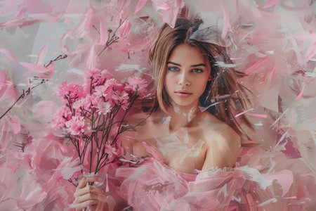 a woman holding pink flowers in hand in spring ,8th march.の素材
