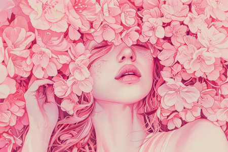 a woman holding pink flowers in hand in spring ,8th march.の素材