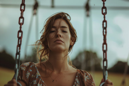 woman on the swings flying,childhood mood.の素材