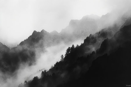 picture of beautiful mountains in a fogの素材